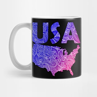 Colorful mandala art map of the United States of America with text in blue and violet Mug